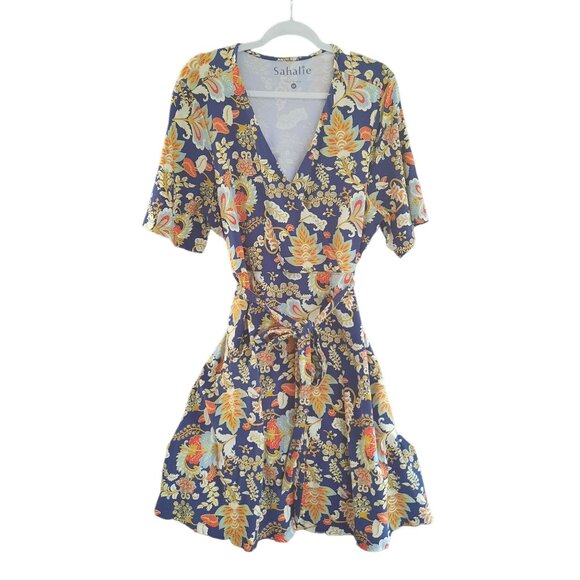 Sahalie Cotton Short Sleeve Stretchy Floral V Neck Dress - Picture 4 of 12